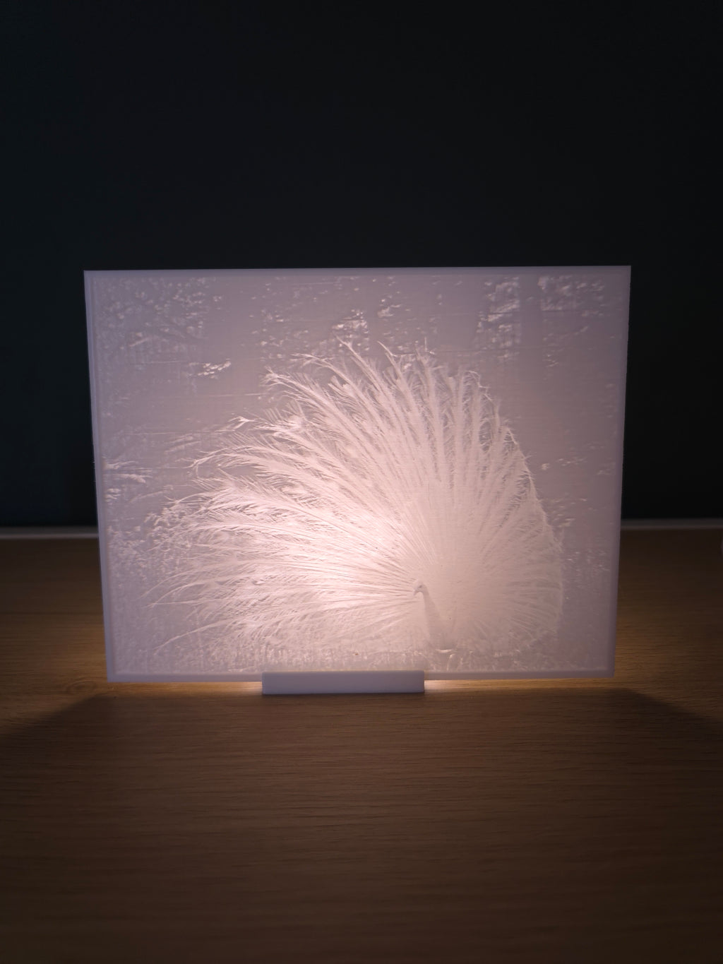 Lithophane met standaard - Witte pauw (verlicht)